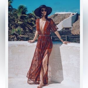 Women's Honey Punch ASOS Lace Maxi Romper Dress Red Burgundy Boho Size S